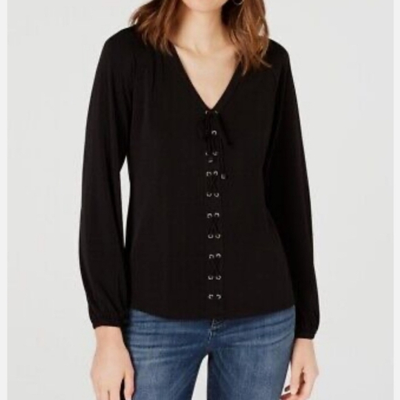 INC International Concepts Tops - I.N.C. International Concepts Black lace-up blouse, Size XL